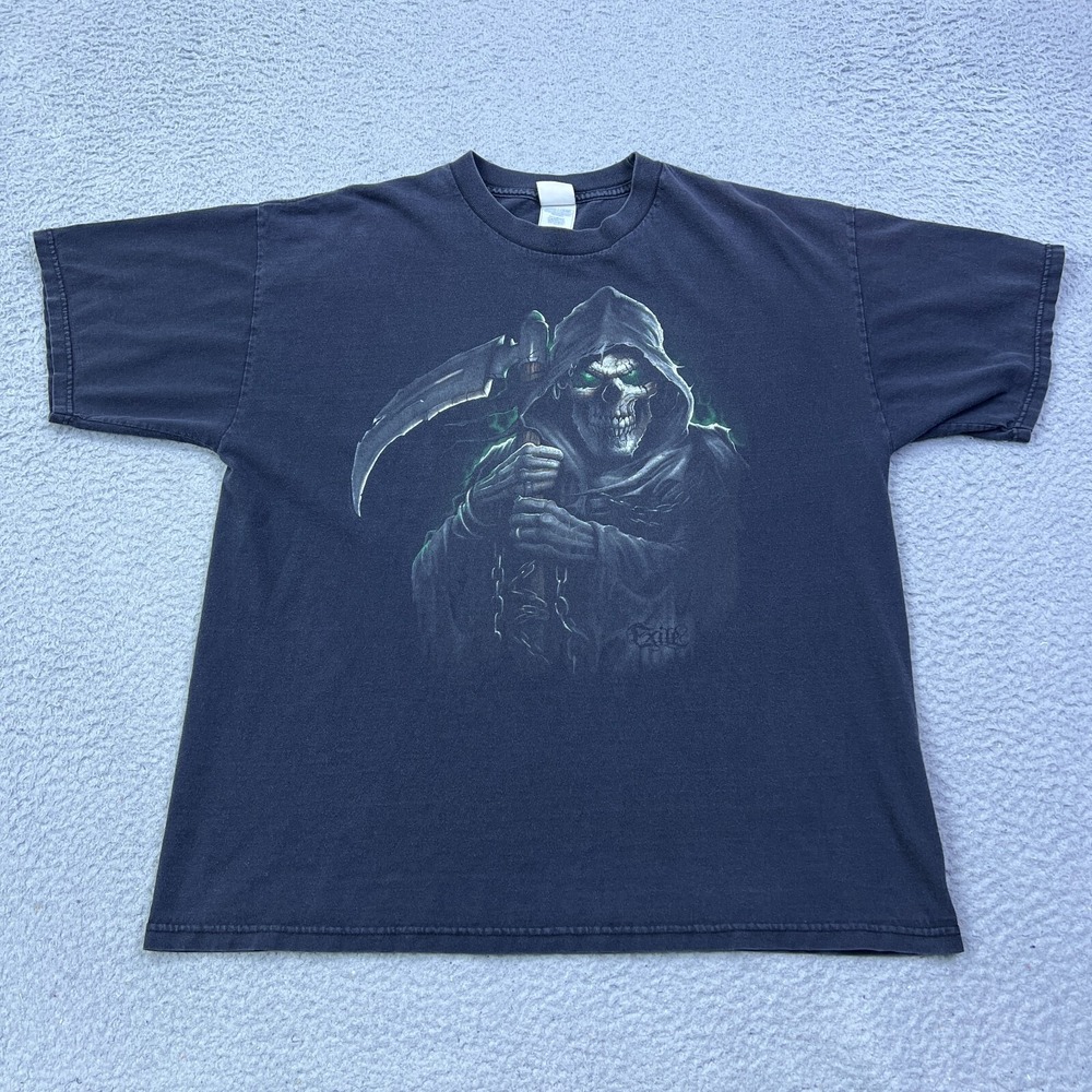 VTG Y2k Exhile Grim Reaper Shirt Men's XL Black Glow Skull Scythe Short Sleeve T
